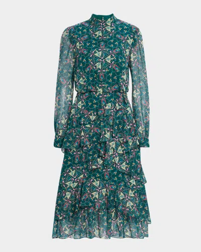 Saloni Isa Mock-neck Floral-print Silk Midi Dress In Green