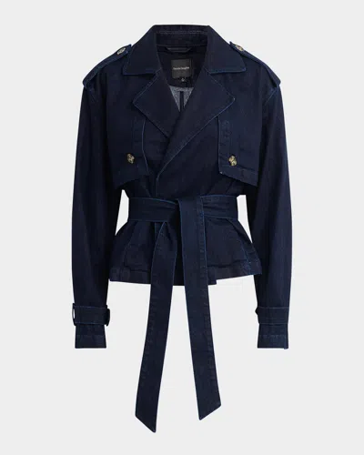 Favorite Daughter The Cropped Charles Denim Trench Coat In Blue