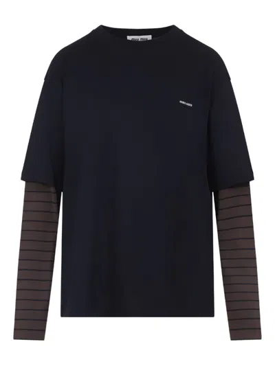 Miu Miu Layered Top With Striped Sleeves And Classic Crew Neckline In Black