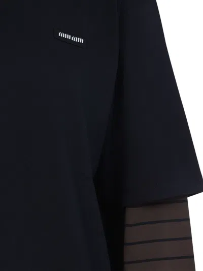 Miu Miu Layered Top With Striped Sleeves And Classic Crew Neckline In Black