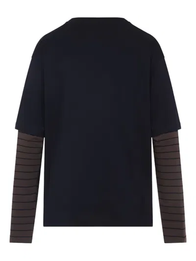 Miu Miu Layered Top With Striped Sleeves And Classic Crew Neckline In Black