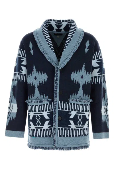 Alanui Cashmere Cardigan With Embroidered Geometric Pattern In Blue