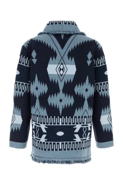 Alanui Cashmere Cardigan With Embroidered Geometric Pattern In Blue