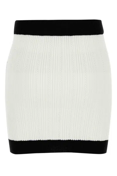 Balmain Button-embellished Two-tone Ribbed-knit Mini Skirt In White