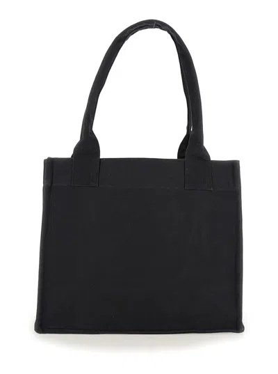 Ganni Black Shopper With Embroidered Logo On The Front In Denim Woman