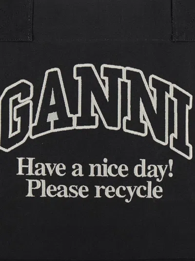 Ganni Black Shopper With Embroidered Logo On The Front In Denim Woman