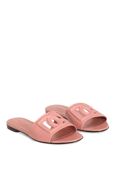 Dolce & Gabbana Women's Flat Slipper In Pink Calfskin With Embossed Dg Logo In Pink