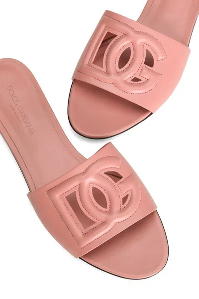 Dolce & Gabbana Women's Flat Slipper In Pink Calfskin With Embossed Dg Logo In Pink