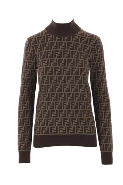 Fendi Ff Jacquard Turtleneck Sweater In Brown