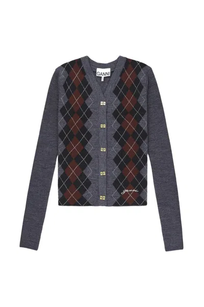 Ganni Grey Cropped Cardigan Wih V Neck And Checkmotif On The Front In Gray