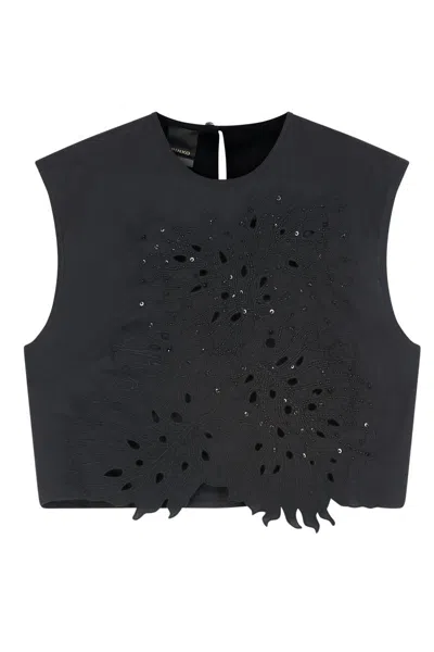 Pinko Crop Top With Openwork Embroidery And Crystals In Black