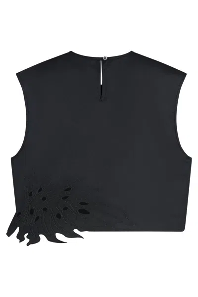 Pinko Crop Top With Openwork Embroidery And Crystals In Black