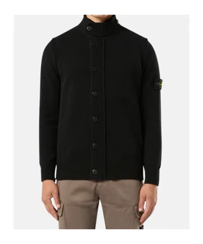 Stone Island Button-up Jumper With Felt Trims In Black