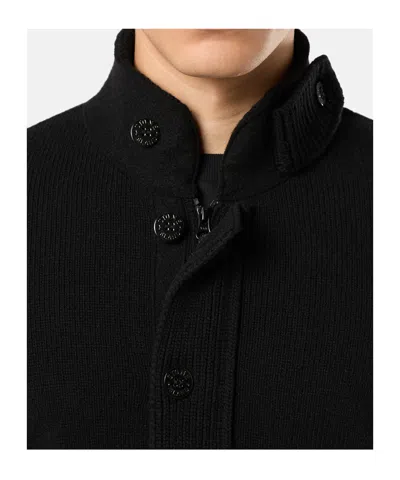 Stone Island Button-up Jumper With Felt Trims In Black