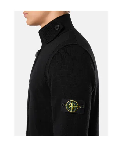 Stone Island Button-up Jumper With Felt Trims In Black