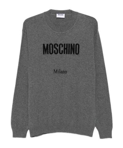 Moschino Ribbed Crewneck Sweater With Cuffs And Hem In Gray
