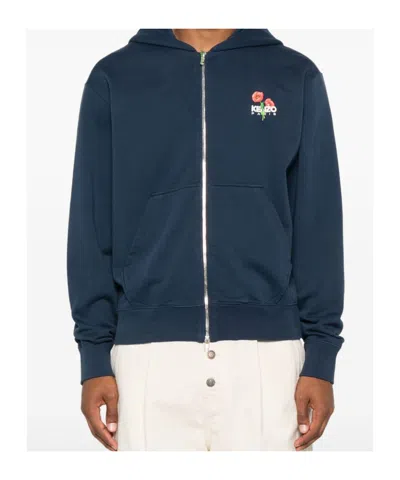 Kenzo Crewneck Sweater With Floral Motif And Hood In Blue