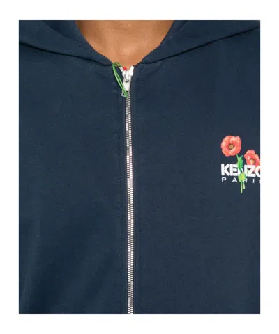 Kenzo Crewneck Sweater With Floral Motif And Hood In Blue