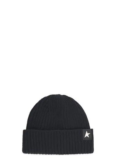 Golden Goose Mans Ribbed Black Wool Hat With Logo In Black