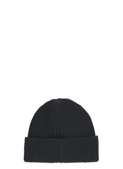 Golden Goose Mans Ribbed Black Wool Hat With Logo In Black