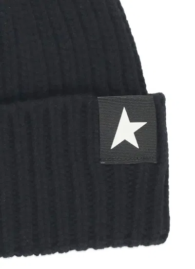 Golden Goose Mans Ribbed Black Wool Hat With Logo In Black