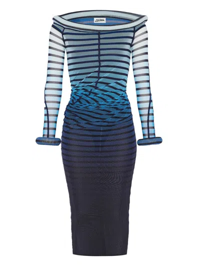 Jean Paul Gaultier The Long 3d Striped Long Dress In Blue