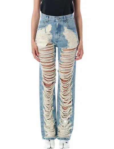 Mm6 Maison Margiela Mm6 By Maison Margiela Distressed Straight Leg Denim Jeans With White Stitching In Blue