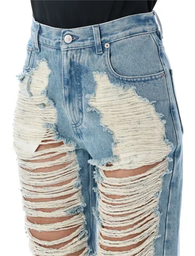 Mm6 Maison Margiela Mm6 By Maison Margiela Distressed Straight Leg Denim Jeans With White Stitching In Blue