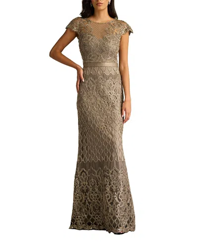 Tadashi Shoji Sequin Illusion Lace Gown In Brown