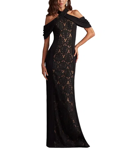 Tadashi Shoji Kato Embroidered Off-shoulder Halter Gown In Black