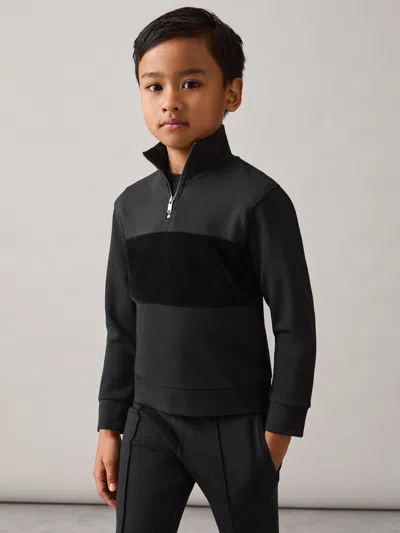 Reiss Black Interlock Velour Panel Zip Sweatshirt In Black