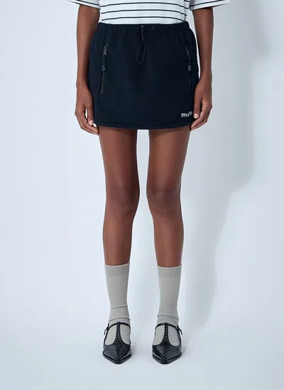 Miu Miu Fleece Miniskirt With Drawstring Waist And Zip Pockets In Black