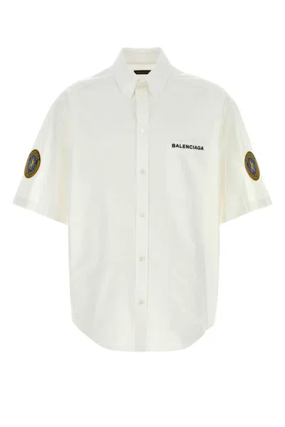 Balenciaga Cotton Poplin Shirt With Short Sleeves And Embroidered Patches In White