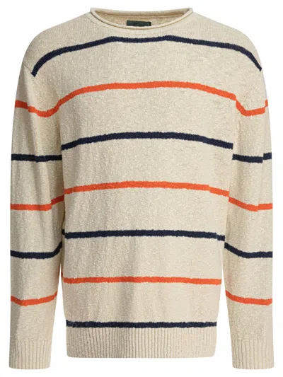 Beams Striped Crewneck Sweater Knitwear White In White