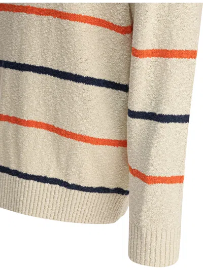 Beams Striped Crewneck Sweater Knitwear White In White