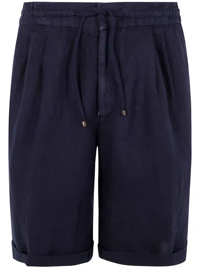 Brunello Cucinelli Men Garment-dyed Bermuda Shorts In Linen Gabardine With Drawstring And Pleat In Black