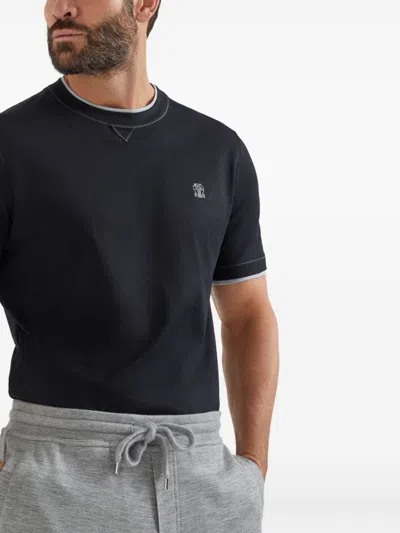 Brunello Cucinelli Logo Crew Neck Cotton T-shirt With Contrast Trim In White