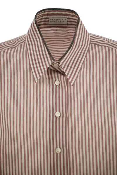 Brunello Cucinelli Women Linen And Silk Striped Organza Shirt With Shiny Collar Detail In Multi