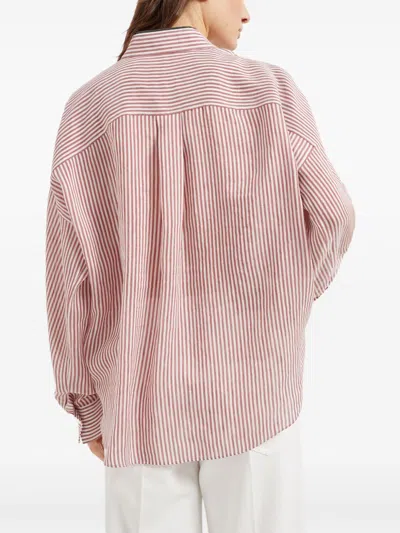 Brunello Cucinelli Women Linen And Silk Striped Organza Shirt With Shiny Collar Detail In Multi