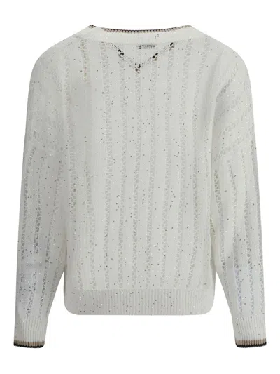 Brunello Cucinelli Open-knit Sweater With Vertical Stripes In White