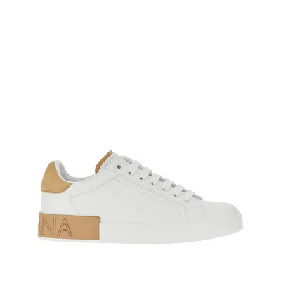 Dolce & Gabbana Portofino Leather Sneakers In White And Tan In White