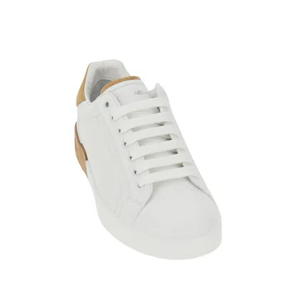 Dolce & Gabbana Portofino Leather Sneakers In White And Tan In White