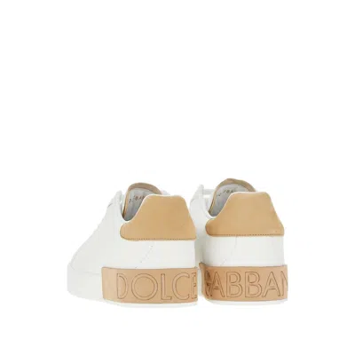 Dolce & Gabbana Portofino Leather Sneakers In White And Tan In White