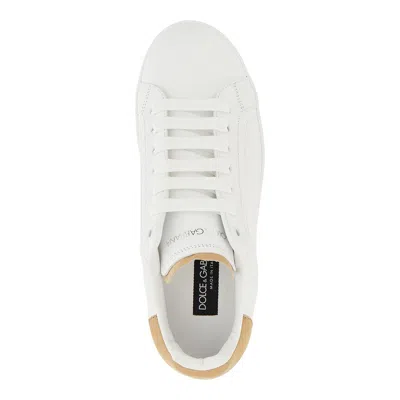 Dolce & Gabbana Portofino Leather Sneakers In White And Tan In White