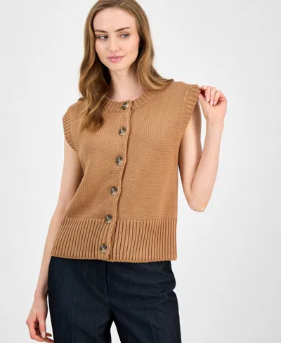 Anne Klein Button-up Sweater Vest In Brown