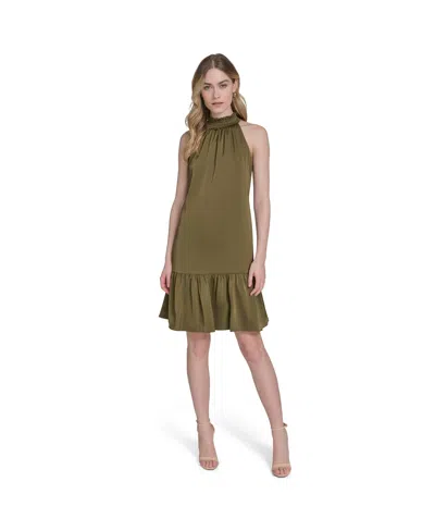 Vince Camuto Petite Satin Mock-neck Sleeveless Short Dress In Green
