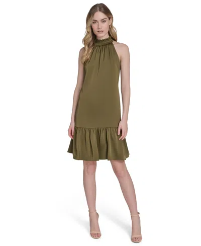Vince Camuto Petite Satin Mock-neck Sleeveless Short Dress In Green