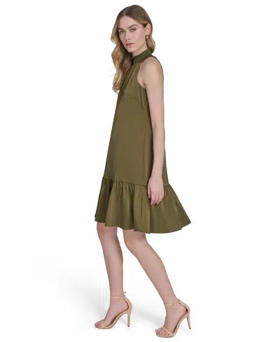 Vince Camuto Petite Satin Mock-neck Sleeveless Short Dress In Green