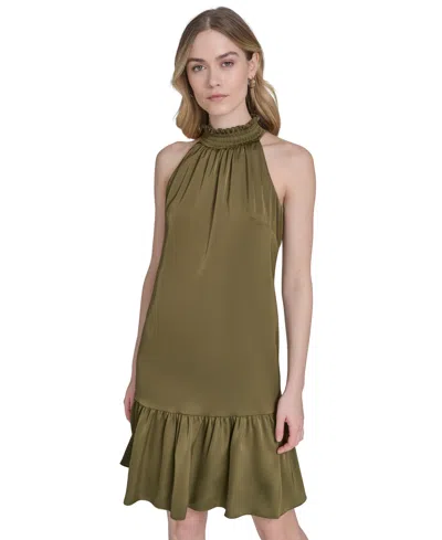 Vince Camuto Petite Satin Mock-neck Sleeveless Short Dress In Green
