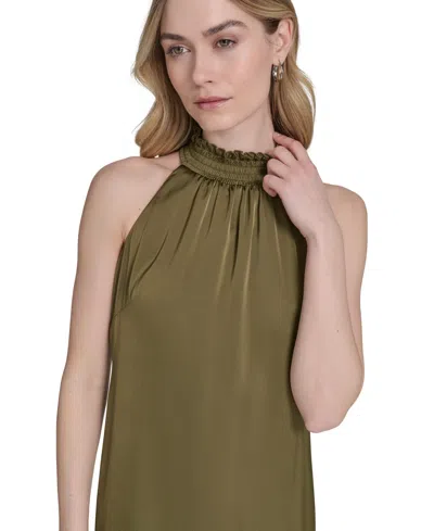 Vince Camuto Petite Satin Mock-neck Sleeveless Short Dress In Green